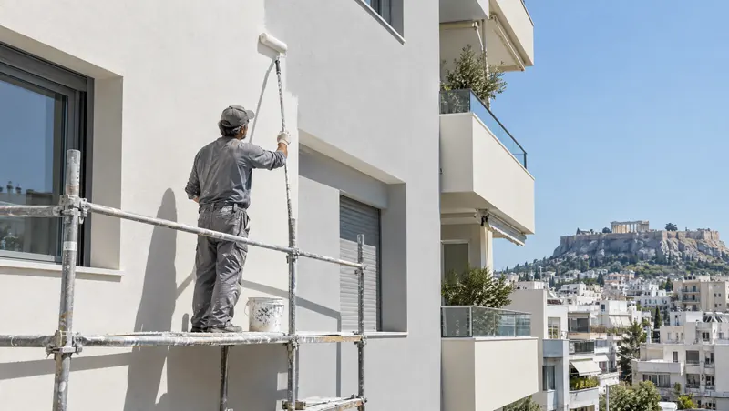 Ελαιοχρωματιστής βάφει εξωτερική όψη πολυκατοικίας από σκαλωσιά